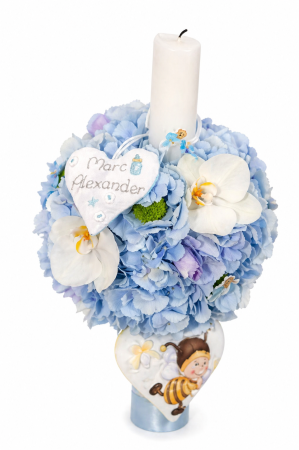 Produse - lumanare-botez-baietel-iasi-hortensie-orhidee-rotunda-personalizata