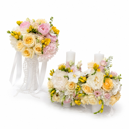 Set Cununie Pastel Luxury – Buchet Mireasă și Lumânări Cununie Flori Naturale Iași [2]