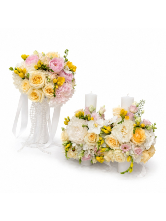 Set Cununie Pastel Luxury – Buchet Mireasă și Lumânări Cununie Flori Naturale Iași [1]