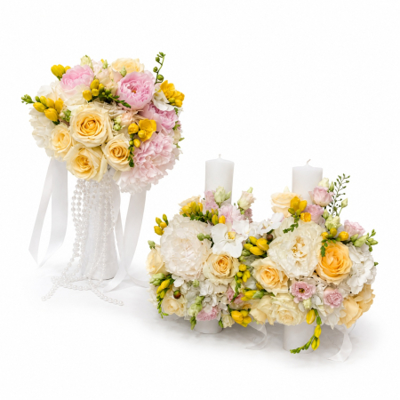 Nunta - Set Cununie Pastel Luxury – Buchet Mireasă și Lumânări Cununie Flori Naturale Iași