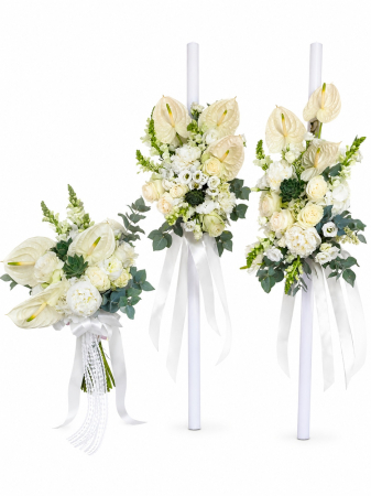 Lumanari cununie - Set Cununie Premium Anthurium Alb – Buchet Mireasă și Lumânări Cununie Iași