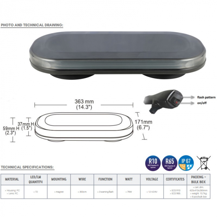 Bara de avertizare, rampa girofar LED 363 x 171 x 37mm, Fumurie - Truck LED BLK0052 [7]