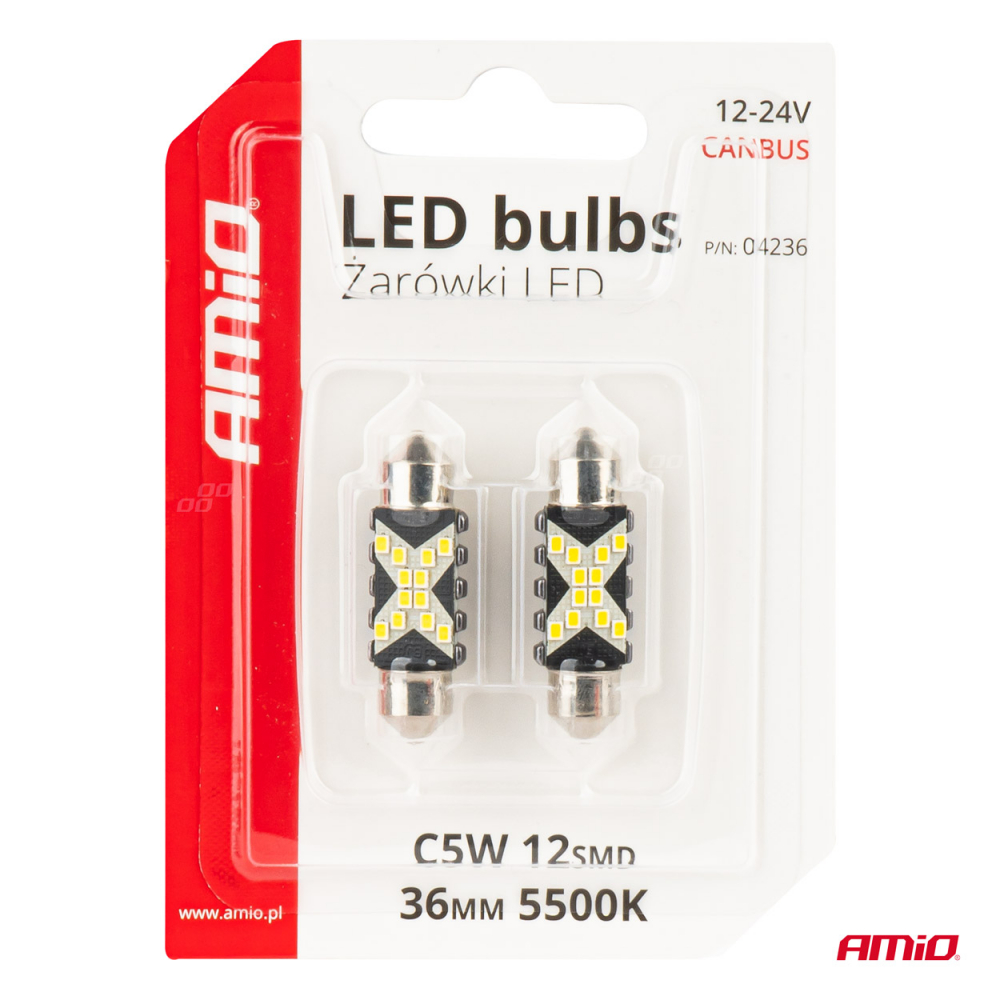 Bec LED CANBUS C5W Festoon 36mm, 12SMD 2016 Alb, 12V/24V [5]