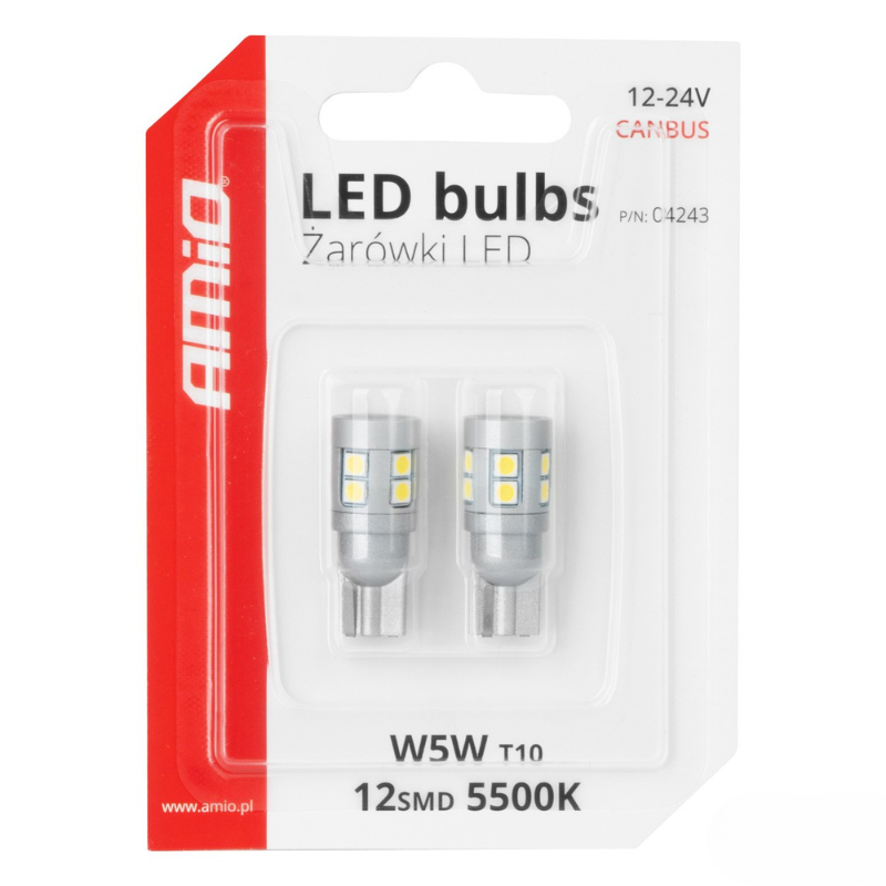 Bec LED CANBUS T10 W5W 12SMD 3030 Alb, 12V/24V [5]