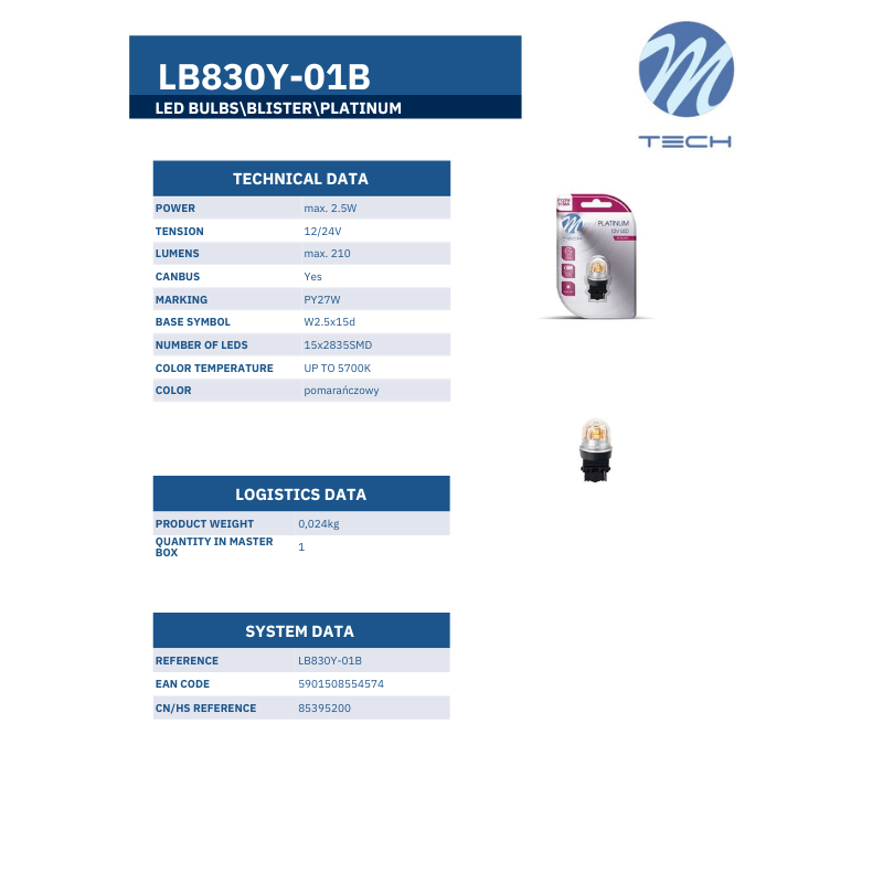 Bec LED M-TECH Platinum, PY27W, 12-24V, L2.5x15d, 15 x 2835SMD, CANBUS, lumina galbena [3]