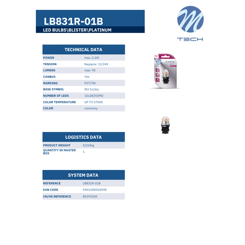 Bec LED Platinum, W2.5x16q, P27/7W, 12/24V, CANBUS, roșu [3]