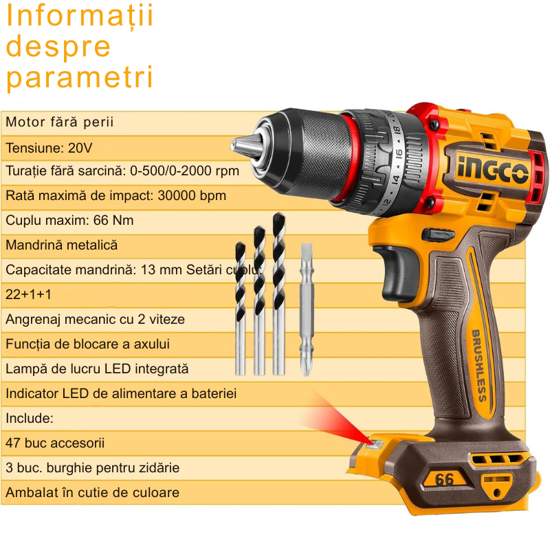 Bormasina cu Impact fara perii, 20V, 66Nm, 13Nm, Mandrina Metalica, Kit complet, 47 accesorii [4]