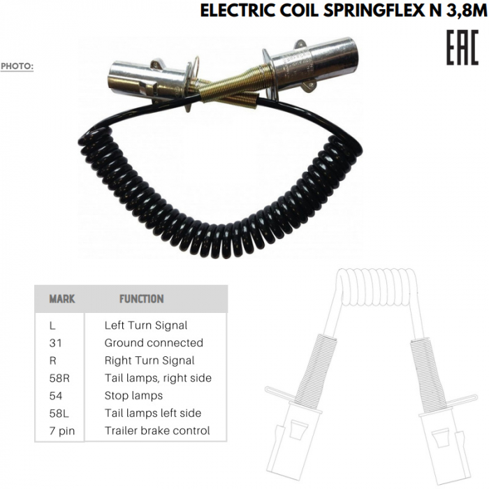 Cablu electric spiralat remorca, 7 pini, tip N, 3.8m, 24V, HYFLEX, stecher metalic - Truck LED  E1202 [3]