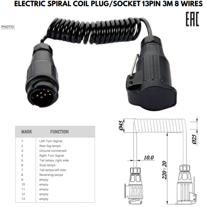 Cablu spiralat mufapriza, spiralat remorca, 13pini, 3m - Truck LED E1385 [3]