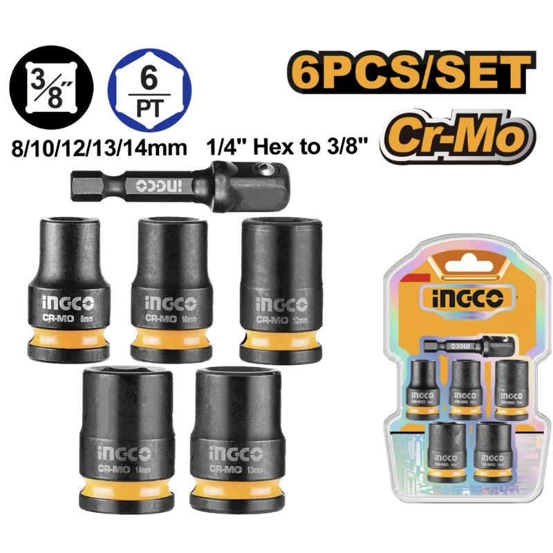Set Chei Tubulare de Impact 3/8", 6 piese Cr-Mo, 8-14 mm, cu adaptor 1/4" hex la 3/8" [3]