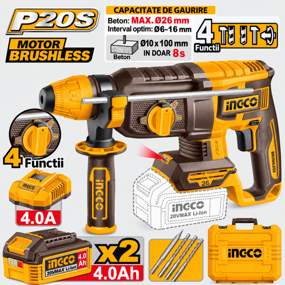 Ciocan rotopercutor brushless 20V, 2,5J, cu 2 acumulatori 4Ah, P20S [2]