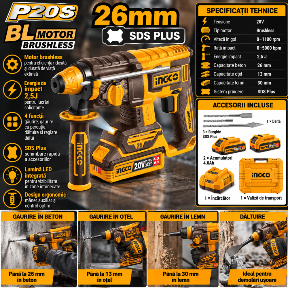 Ciocan rotopercutor brushless 20V, 2,5J, cu 2 acumulatori 4Ah, P20S [3]