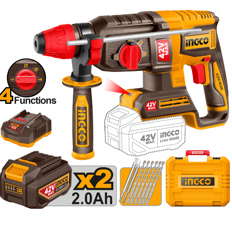 Ciocan Rotopercutor cu Acumulator, Motor Fara Perii, 42V, 4 Functii, Gaurire Beton 26 mm, 2 Acumulatori Inclusi [1]
