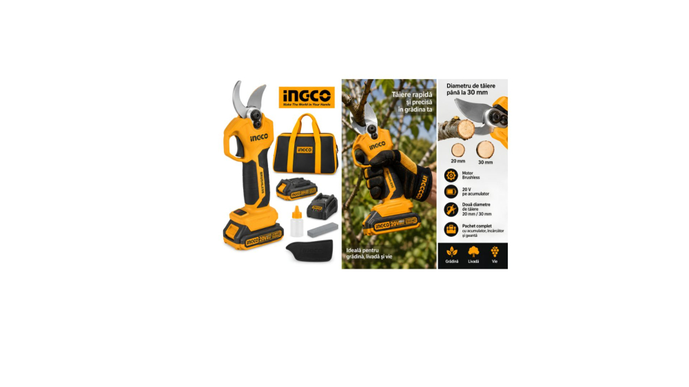 Foarfeca electrica de gradina INGCO 20V, motor Brushless, diametru de taiere pana la 30 mm, acumulator 2.0 Ah, încarcator si geanta [2]
