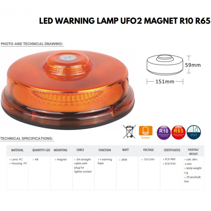 Girofar cu LED si baza magnetica, 15 x 59cm cu inaltime mica - Truck LED ALR0077 [3]