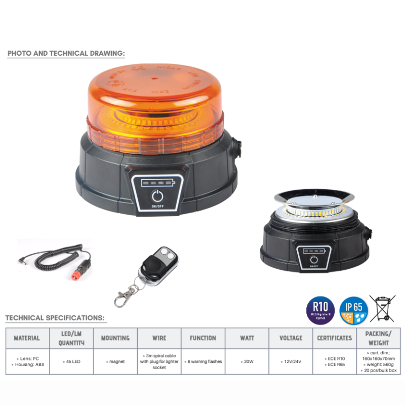 Girofar fara fir, cu acumulator, wireless, 20W, 8 moduri, Portocaliu [9]