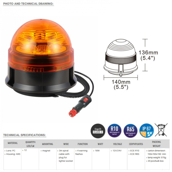 Girofar LED, 16W, cu magnet și ventuza, 136 x 140mm, 12/24V, 4 moduri [3]