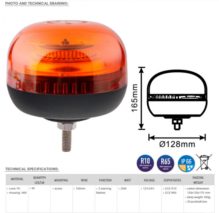 Girofar LED cu doua functii, rotativ 1224V, prindere cu un surub - Truck LED ALR0103 [2]