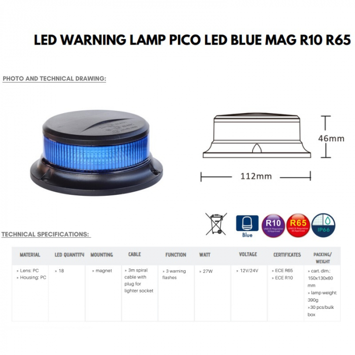 Girofar LED cu lumina albastra, baza magnetica, 112 x 46mm, 1224V - Truck LED ALR0056 [3]