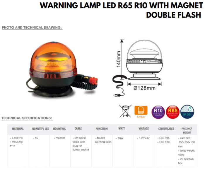 Girofar LED, dublu flash, 1224V, 140mm, cu magnet si ventuza, ALR-DOUBLE - Truck LED LW0030-AL [3]