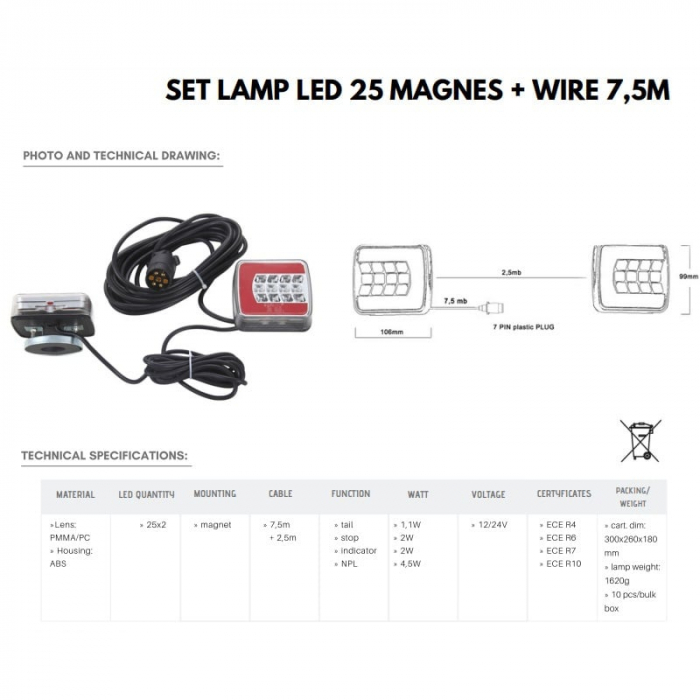 Kit complet instalatie remorca cu lampi, cablu 7.5 x 2.5m, LED - Truck LED L1852 [3]