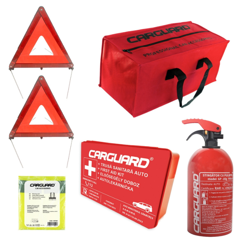 Kit siguranta auto complet obligatoriu RAR, stingator 1kg BC, trusa medicala, triunghiuri, vesta, geanta [2]