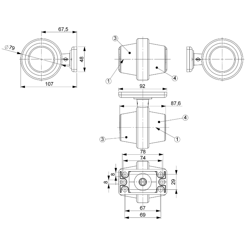 Lampa de gabarit LED, 12/24V, Galben-Rosu, Brat Scurt, 10.7cm [5]