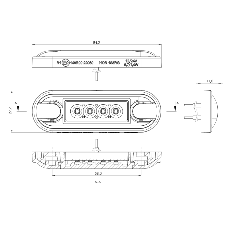 Lampa de Gabarit LED Slim Graphite, Rosu, Alb sau Portocaliu,12/24V, IP68, 8.42 x 27.7 x 1.1cm, suprafate plane sau curbate [3]
