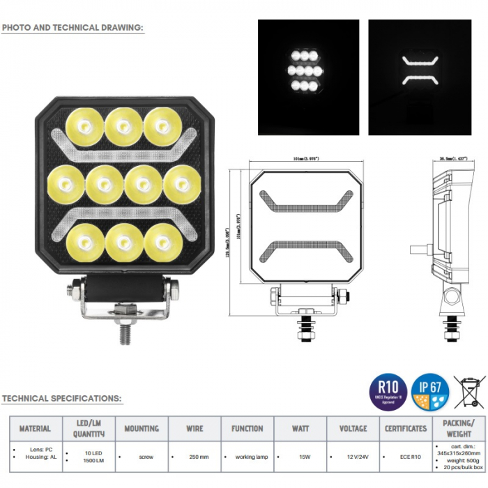 Lampa de lucru 10 x LED cu pozitie, 10 x 10 x 3.65cm - Truck LED L0184 [6]