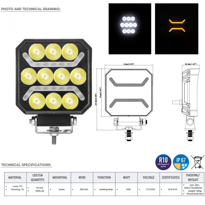 Lampa de lucru 10 x LED cu pozitie de culoare galbena, 10 x 10 x 3.65cm - Truck LED L0185 [6]