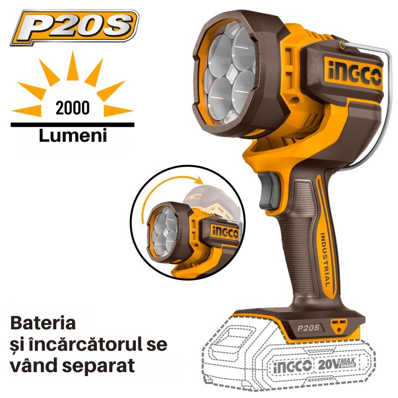 Lampa de Lucru, Lanterna LED P20S, 20V, 2000 Lumeni, Cap Rotativ 130° [2]