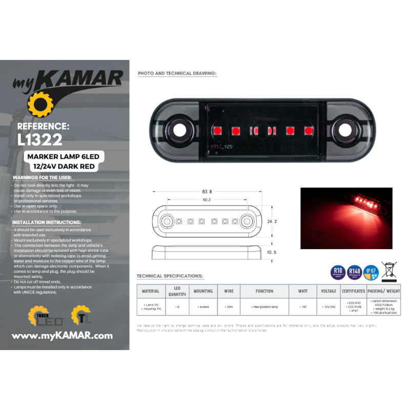 Lampa gabarit 6 LED 12/24V DARK, 8.38cm , lentila fumurie, alb/portocaliu/rosu [6]