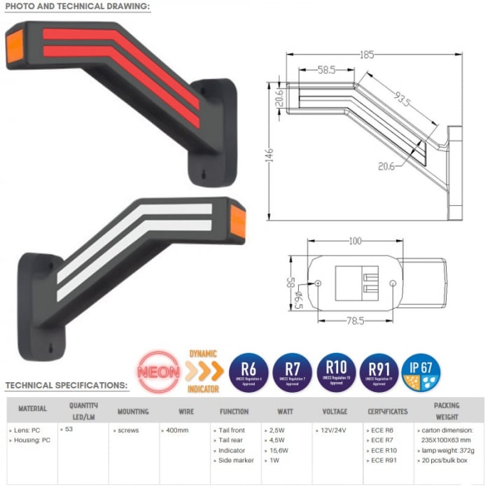 Lampa gabarit cu brat lung si demnalizare dinamica cu efect neon - Truck LED L1307 L1308 [3]
