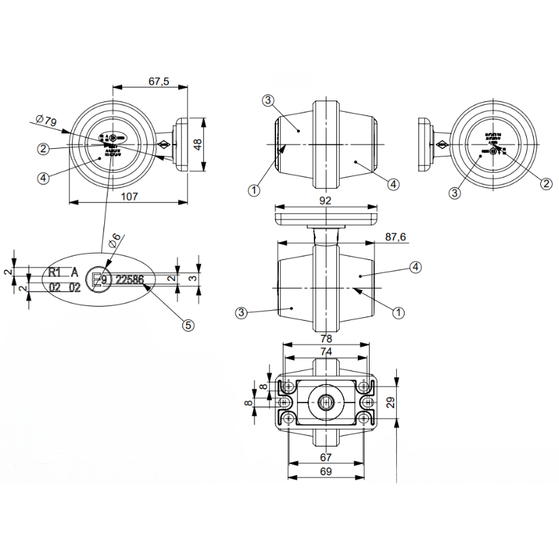 Lampa gabarit LED, 12V 24V, alb rosu, cu brat scurt, universala [8]