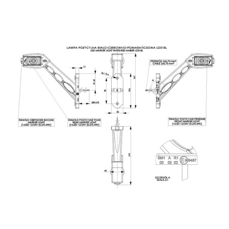 Lampa gabarit LED, 8,6 x 4,2 cm cu brat oblic, 12V 24V, alb, rosu, portocaliu, pentru camion si remorca [2]