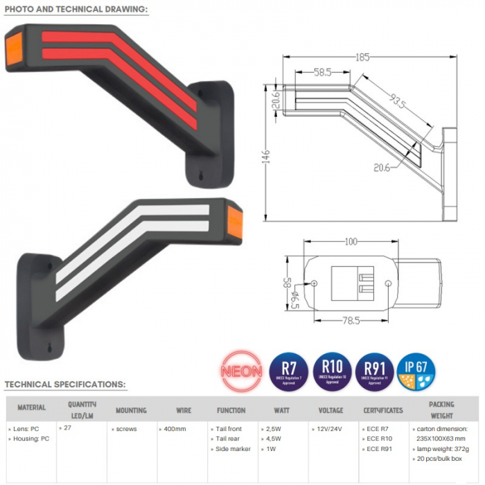 Lampa gabarit spate cu brat lung si efect neon - Truck LED L1306, L1305 [4]