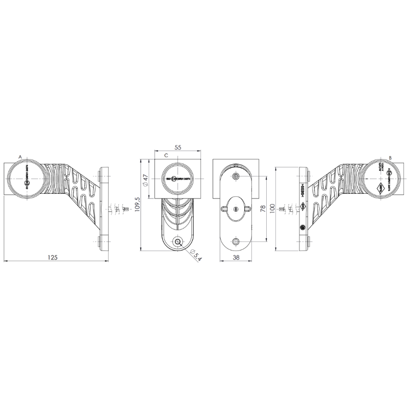 Lampa LED gabarit, brat scurt diagonal, Graphite, 12/24V, pozitie alb/portocaliu/rosu, 12.5cm [6]