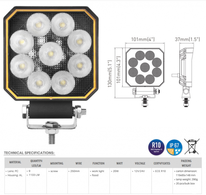 Lampa marsarier, proiector, 12/24V, 20W, 1133LM [10]
