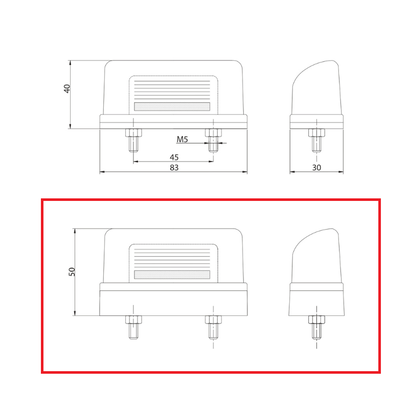 Lampa pentru numar inmatriculare si pozitie, alb cu rosu, 8.3 x 5cm, 12/24V, cu baza mare [3]