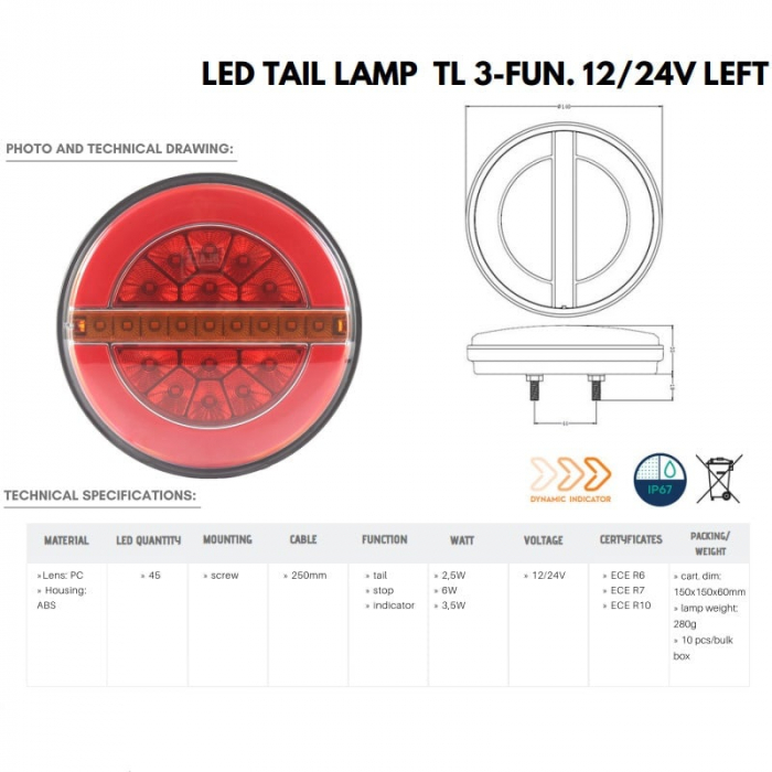 Lampa semnalizare spate rotunda, cu semnalizare dinamica, 14cm [3]