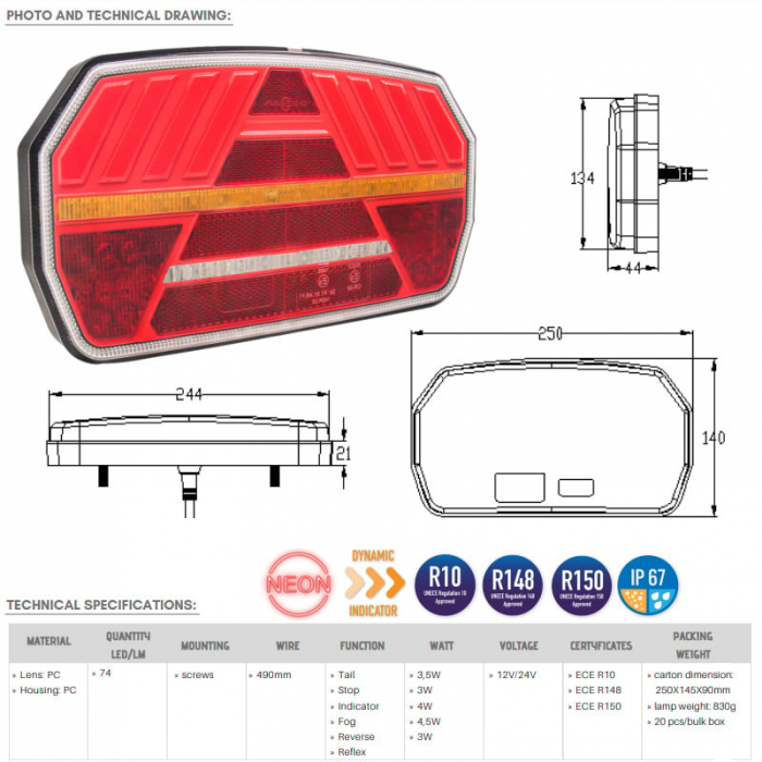 Lampa semnalizare spate, tripla cu 6 functii, semnalizare dinamica si efect neon, 24 x 14cm - Truck LED L1957 [4]
