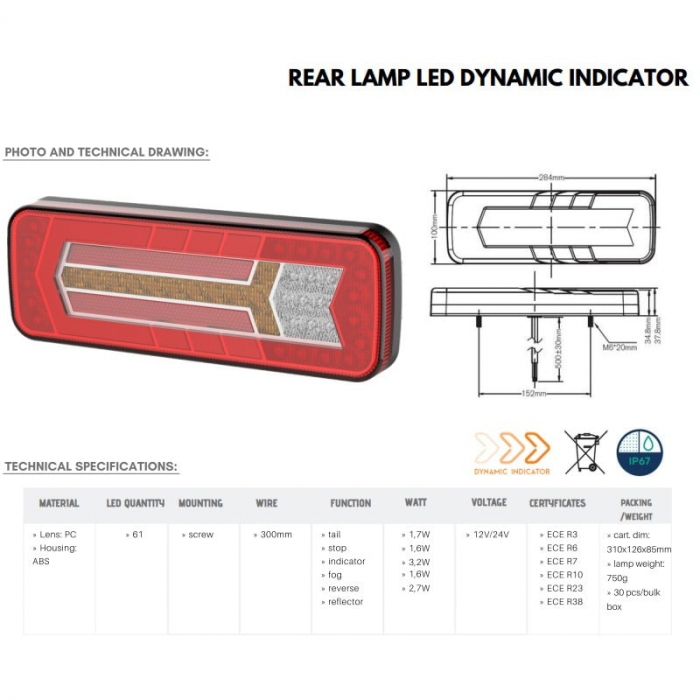 Lampa semnalizare spate, tripla cu semnalizare dinamica si efect neon, 28.5 x 10cm [9]