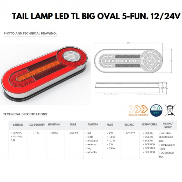 Lampa semnalizare, tripla cu semnalizare dinamica, 6 functii, universala, 27.5 x 9.5cm [2]