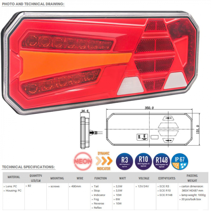 Lampa semnalizare, tripla spate cu 6 functii, semnalizare dinamica, 35 x 13cm - Truck LED L1961 [6]