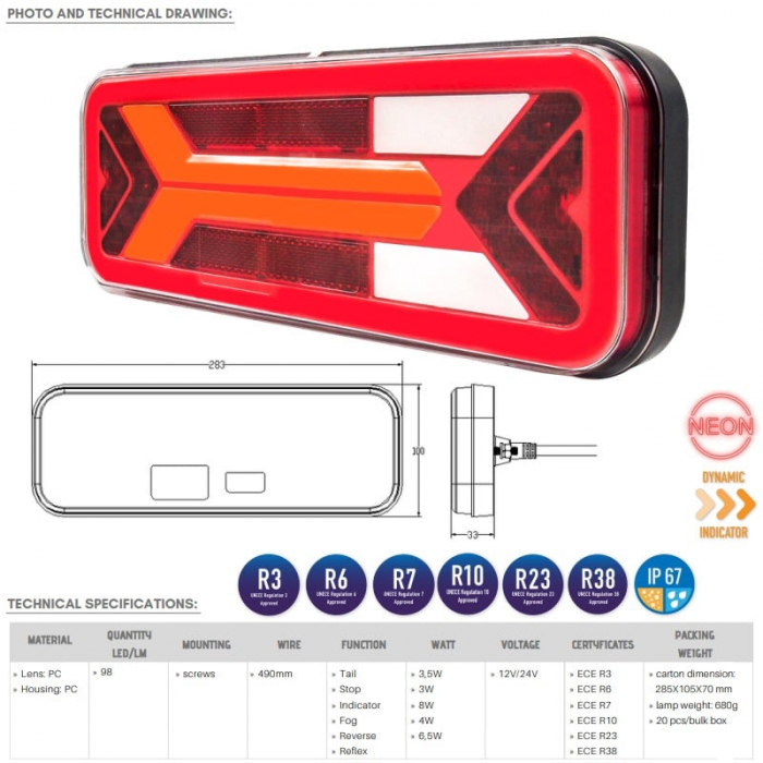 Lampa semnalizare, tripla spate cu semnalizare dinamica, efect neon 28.3 x 10, 6 functii - Truck LED L1959 [6]
