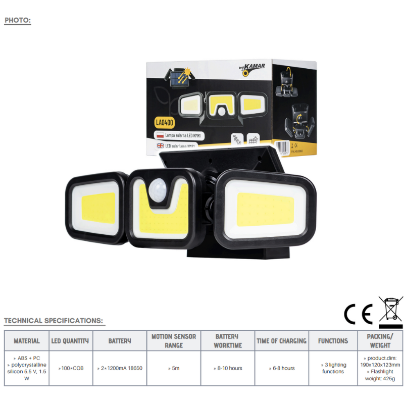 Lampa solara, 100 x LED, cu senzor de miscare, 8 - 10h [18]