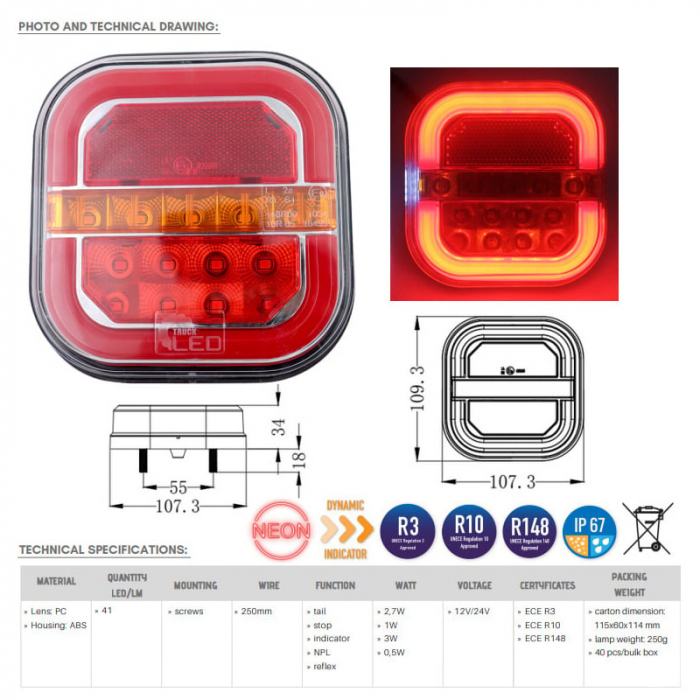 Lampa spate Full LED, pozitie cu efect neon, semnalizare dinamica, 1224V - Truck LED L2416 L2415 [17]
