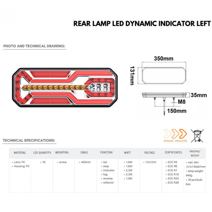 Lampa spate Full LED, pozitie cu efect neon, semnalizare dinamica, 35cm, 6 functii, 1224V - Truck LED L1950, L1949 [2]