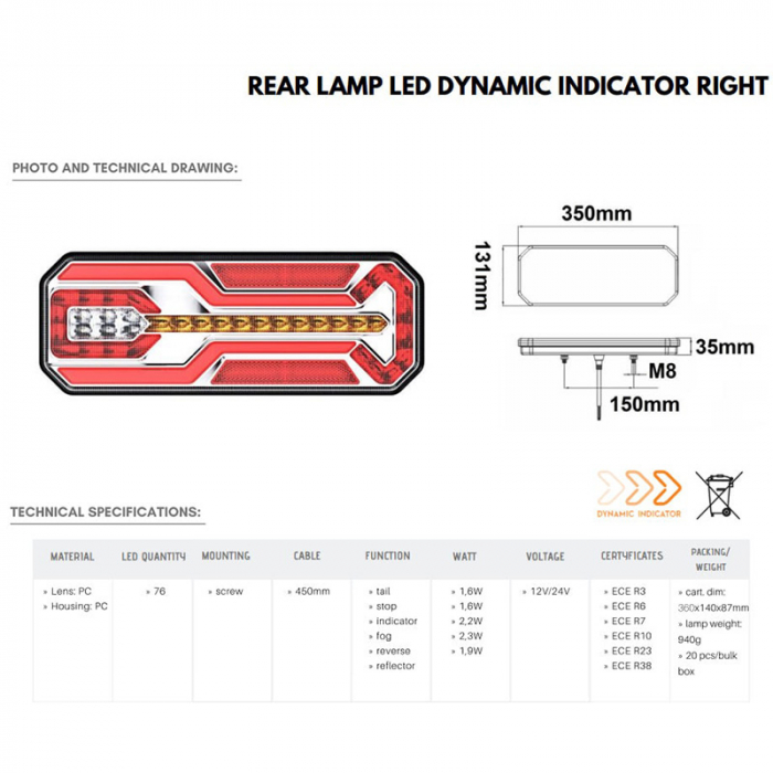 Lampa spate Full LED, pozitie cu efect neon, semnalizare dinamica, 35cm, 6 functii, 1224V - Truck LED L1950, L1949 [2]