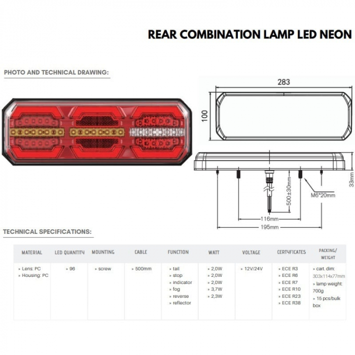 Lampa spate stop cu semnalizare dinamica, LED, efect neon, 28.3 x 10cm [10]